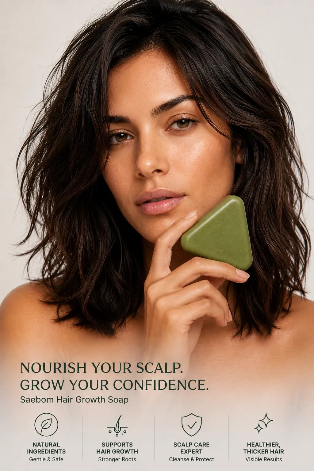 Woman holding the Saebom scalp ritual bar against her cheek