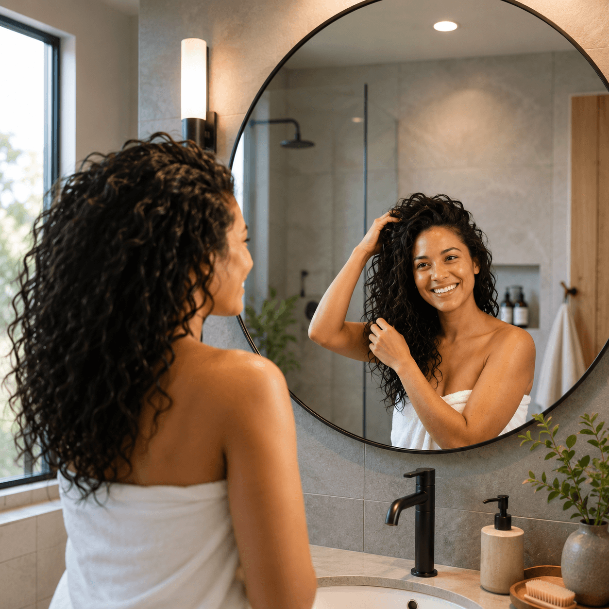 Woman in a bathroom mirror running her fingers through fuller-looking hair
