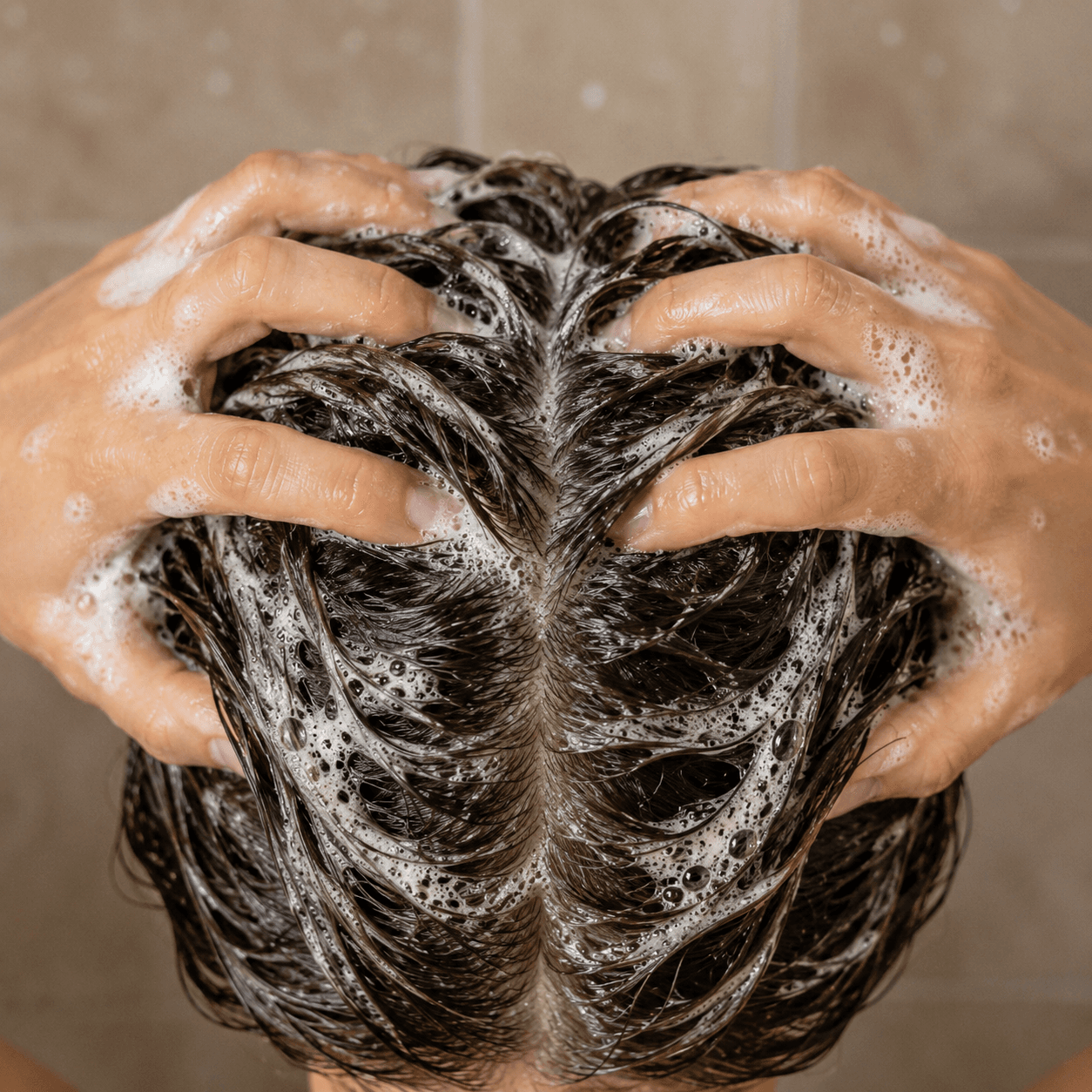 Fingertips massaging a light lather into the scalp for sixty seconds