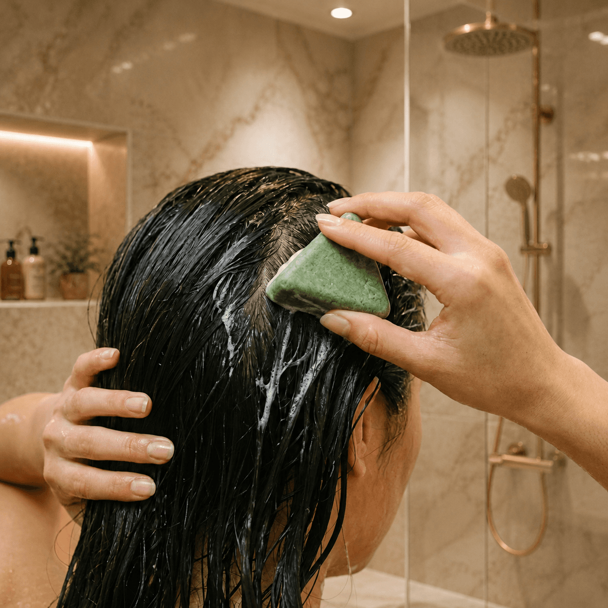 Hand gliding the Saebom scalp ritual bar along a wet scalp in the shower